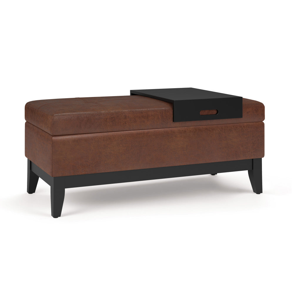 Oregon Storage Ottoman Bench with Tray in Distressed Vegan Leather