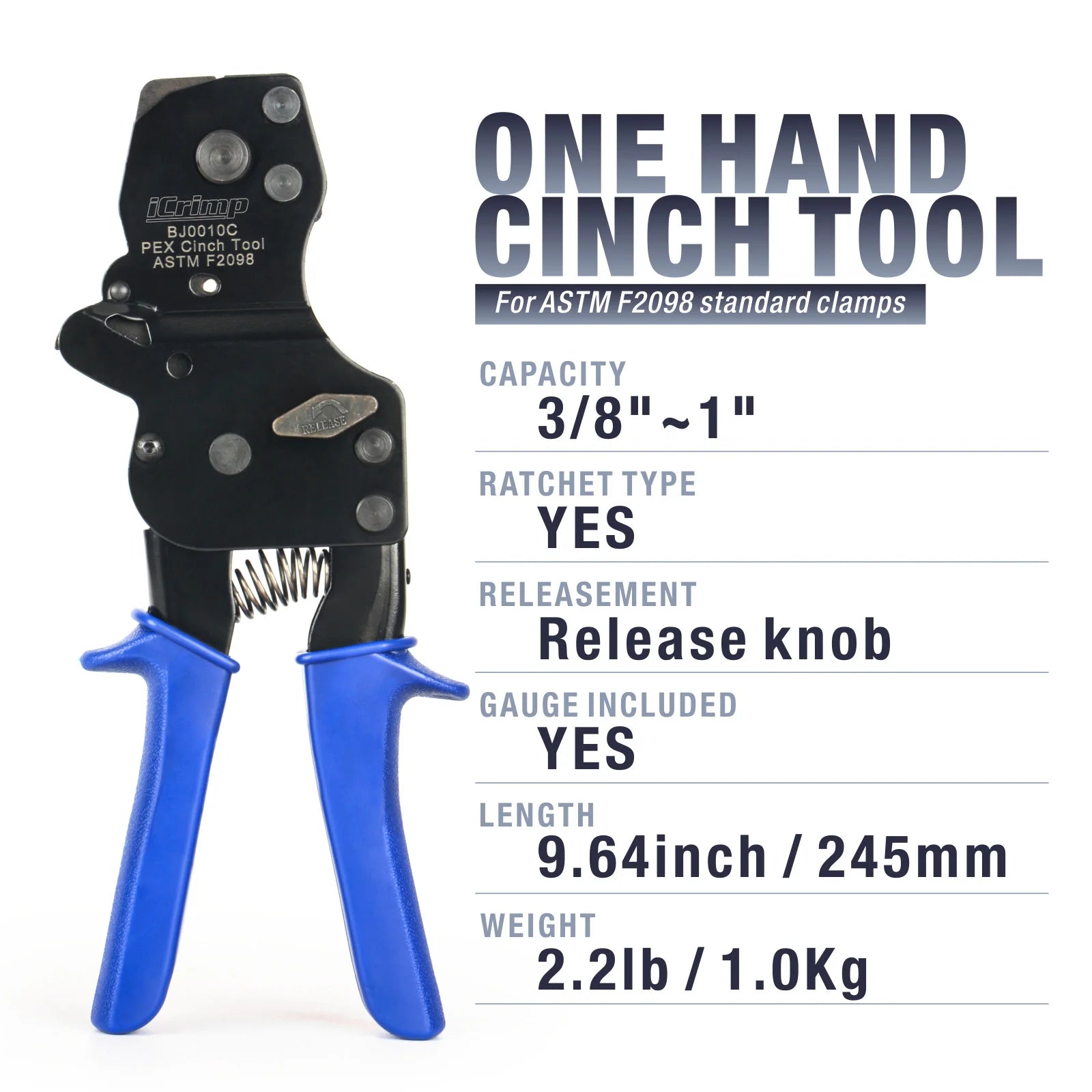 F2098 Ratchet One Hand PEX Clamp Tool for 3/8"",1/2"",3/4"",5/8"",1"" Stainless Steel Clamps with Holster