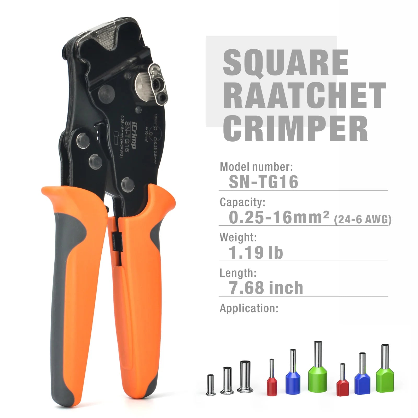 SN-TG16 Front Loading End Sleeve Crimper, Self-adjusting Ferrule Crimping Tool for AWG24-6 Wire Ends