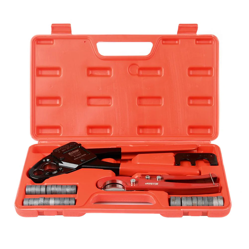 Angle PEX Crimp Tool Kit for 1/2"" & 3/4"" PEX Crimp Rings with PEX Cutting Tool