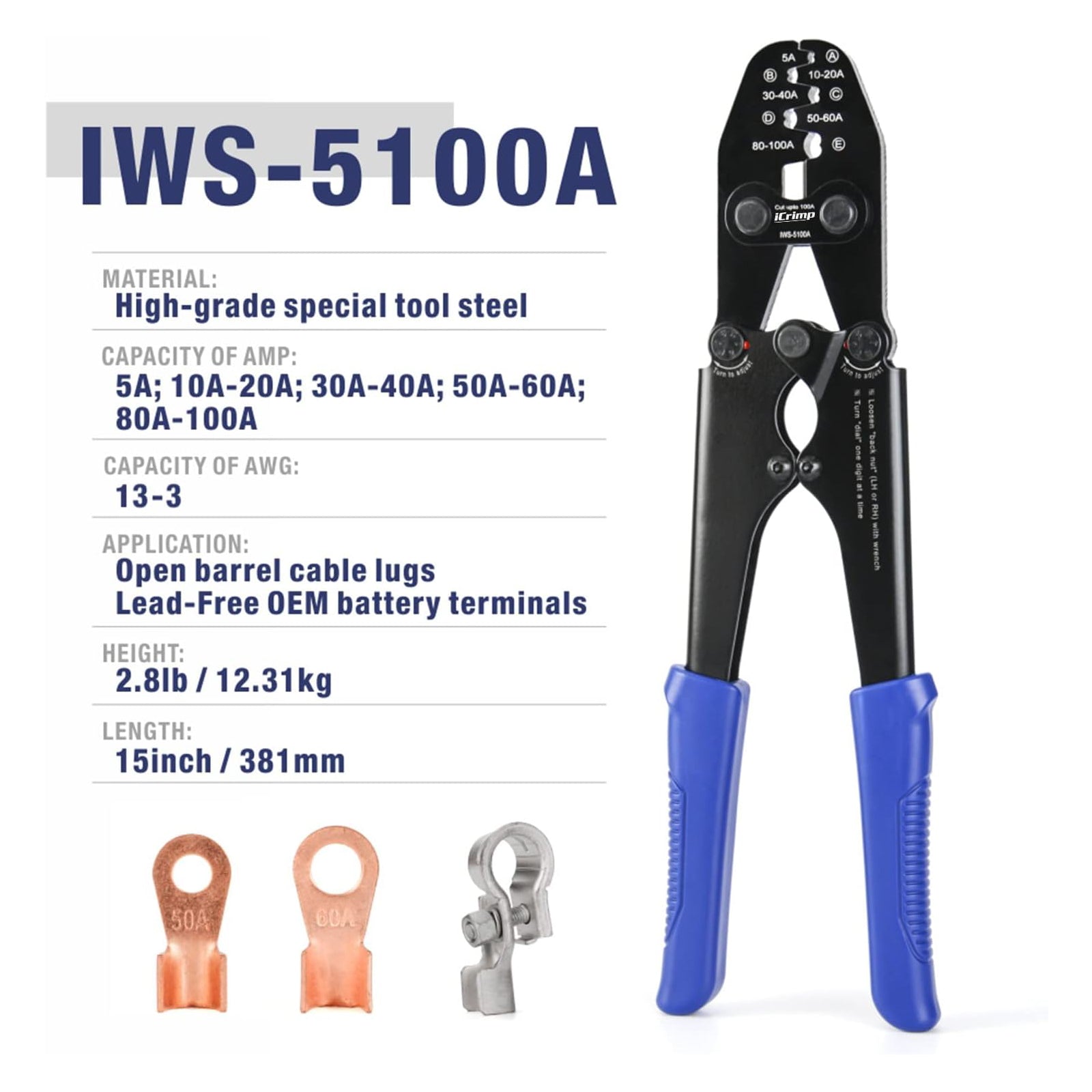 IWS-8200A Battery Cable Crimper for AWG9-2 Open Barrel Lug, Lead-Free OEM Battery Terminals