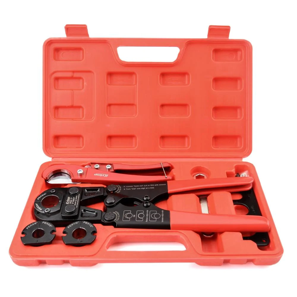 F1807 PEX Crimp Tool Kit for 3/8 in, 1/2 in, 3/4 in, 1 in Copper Rings with Pex Cutting Tool