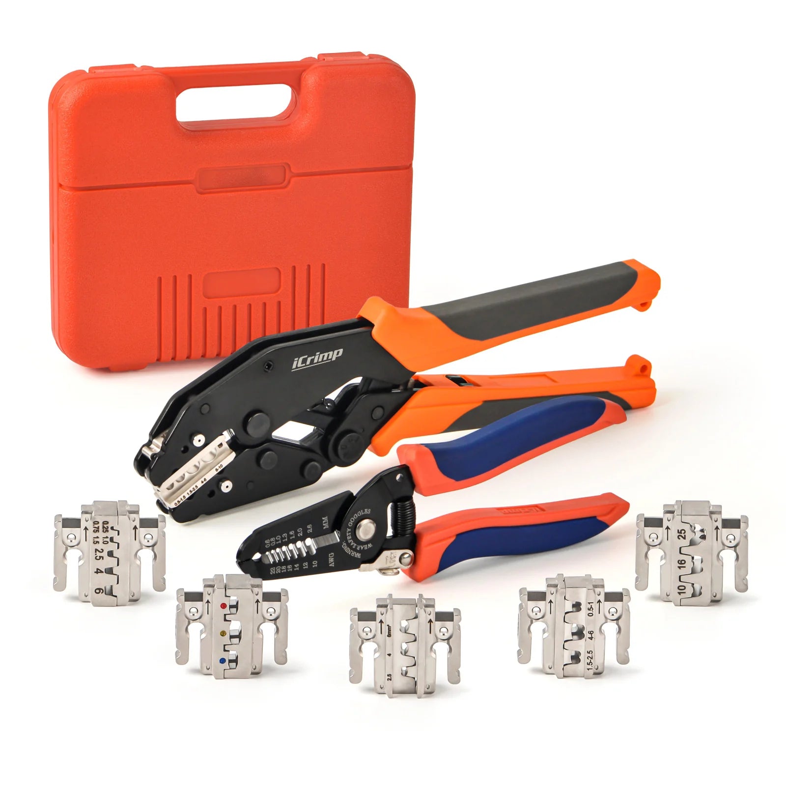 Quick Change Wire Crimping Tool Kit for Heat Shrink, Non-Insulated Terminals, Battery Cable Lugs, Solar connectors, 8PCS with Wire Stripper