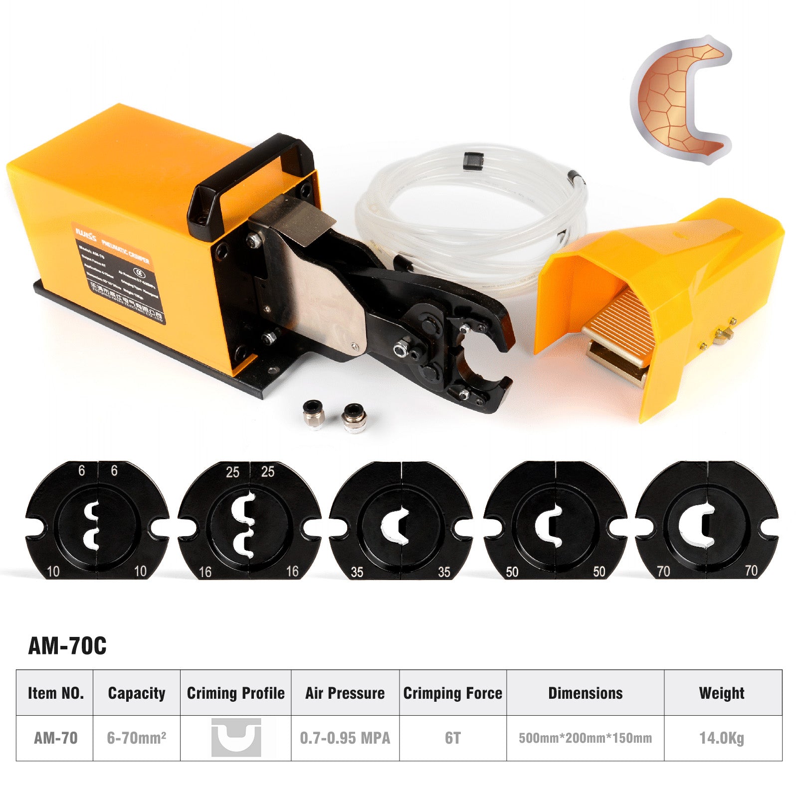 Pneumatic Crimp Tool for 6-70mm Battery Cable Lugs